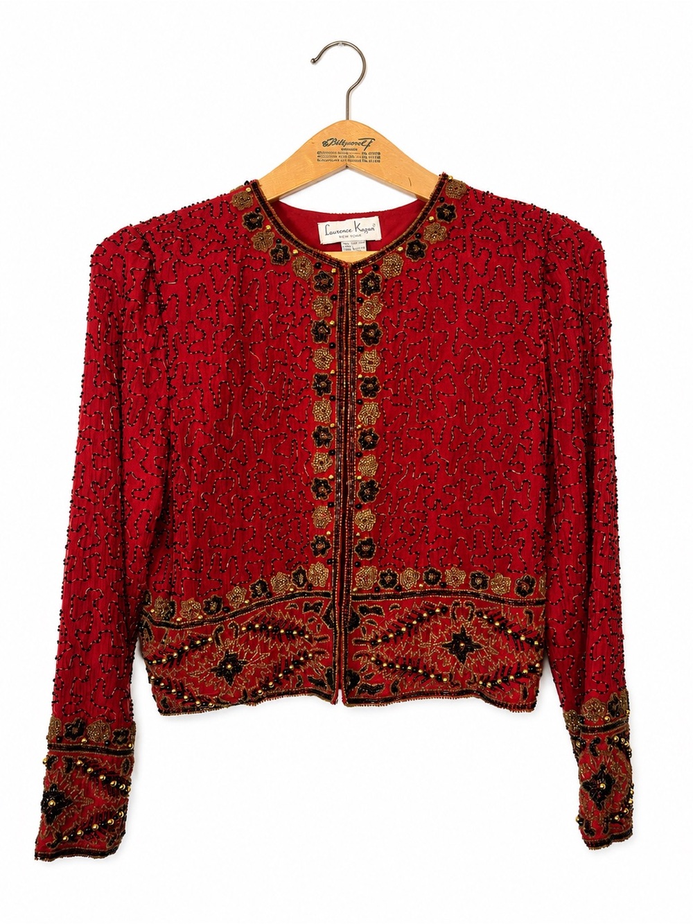 Laurence Kazar 100% Silk Beaded Cardigan Jacket Red Holiday Vintage 80s Cocktail